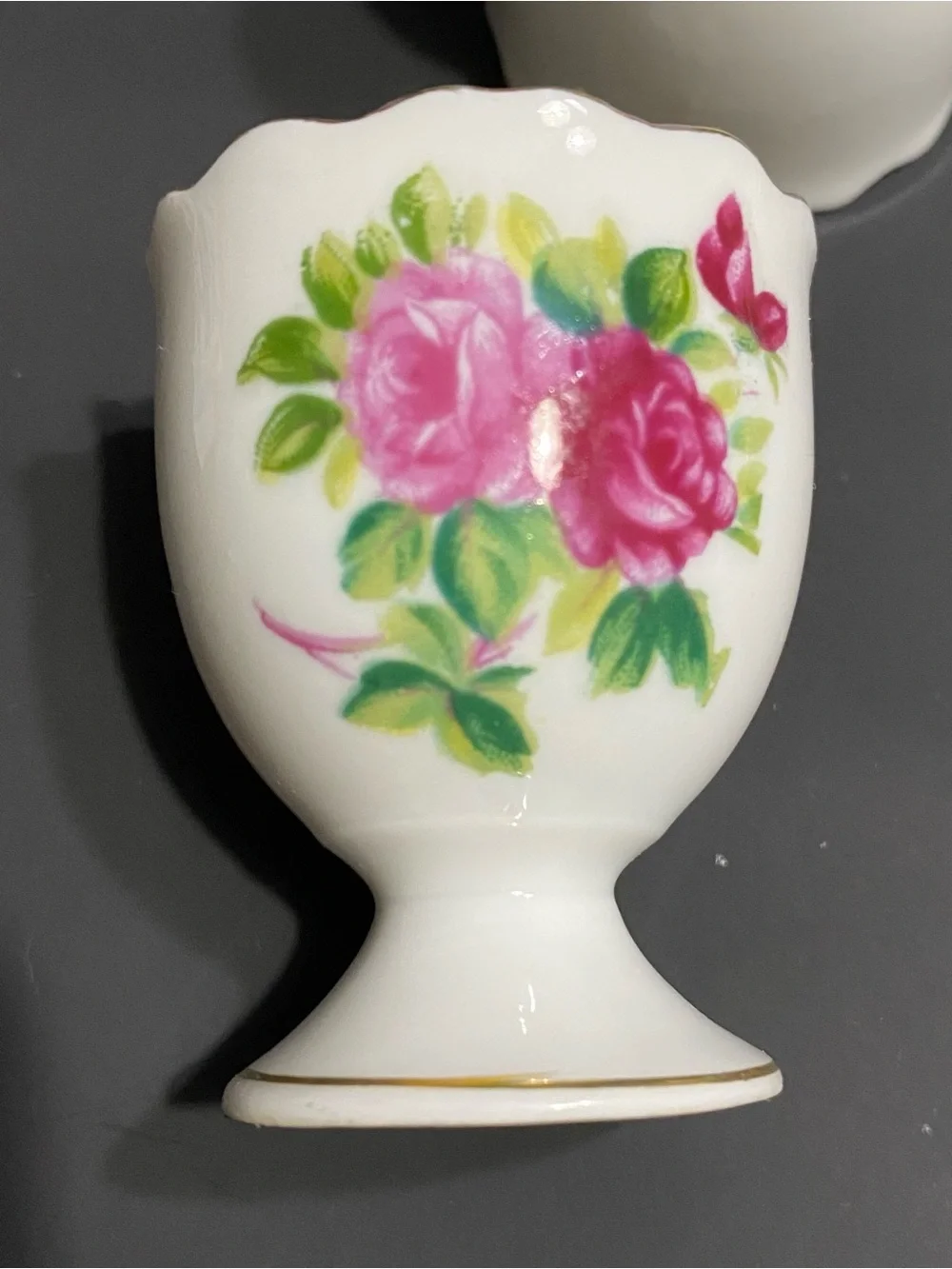 3 Vintage Egg Cups Porcelain white with Pink Roses Scalloped Gold Trim